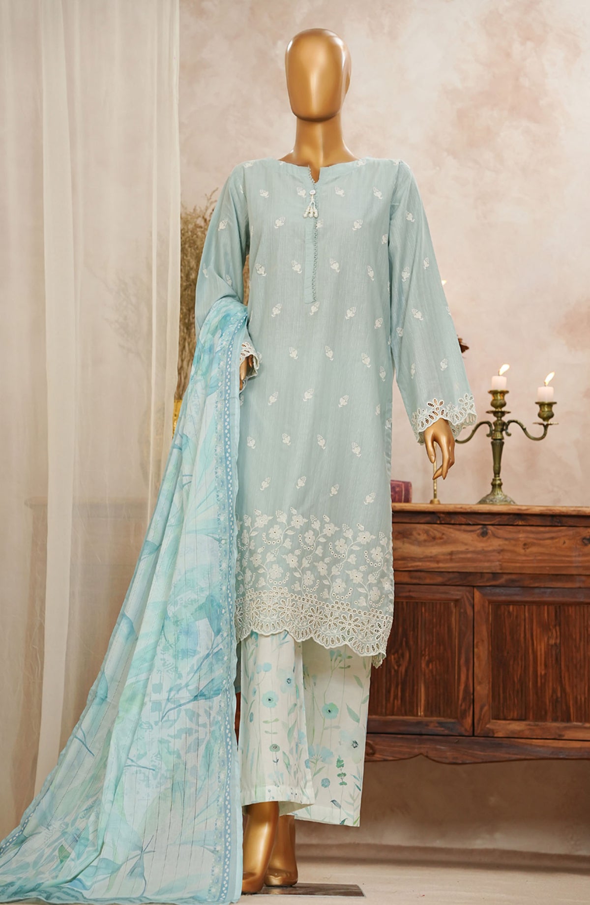 HZ Textile Chikankari Slub Stitched 3 Piece Suit - SSPE-3P-005 Baby Blue - HZ25CHKSS - Summer Collection