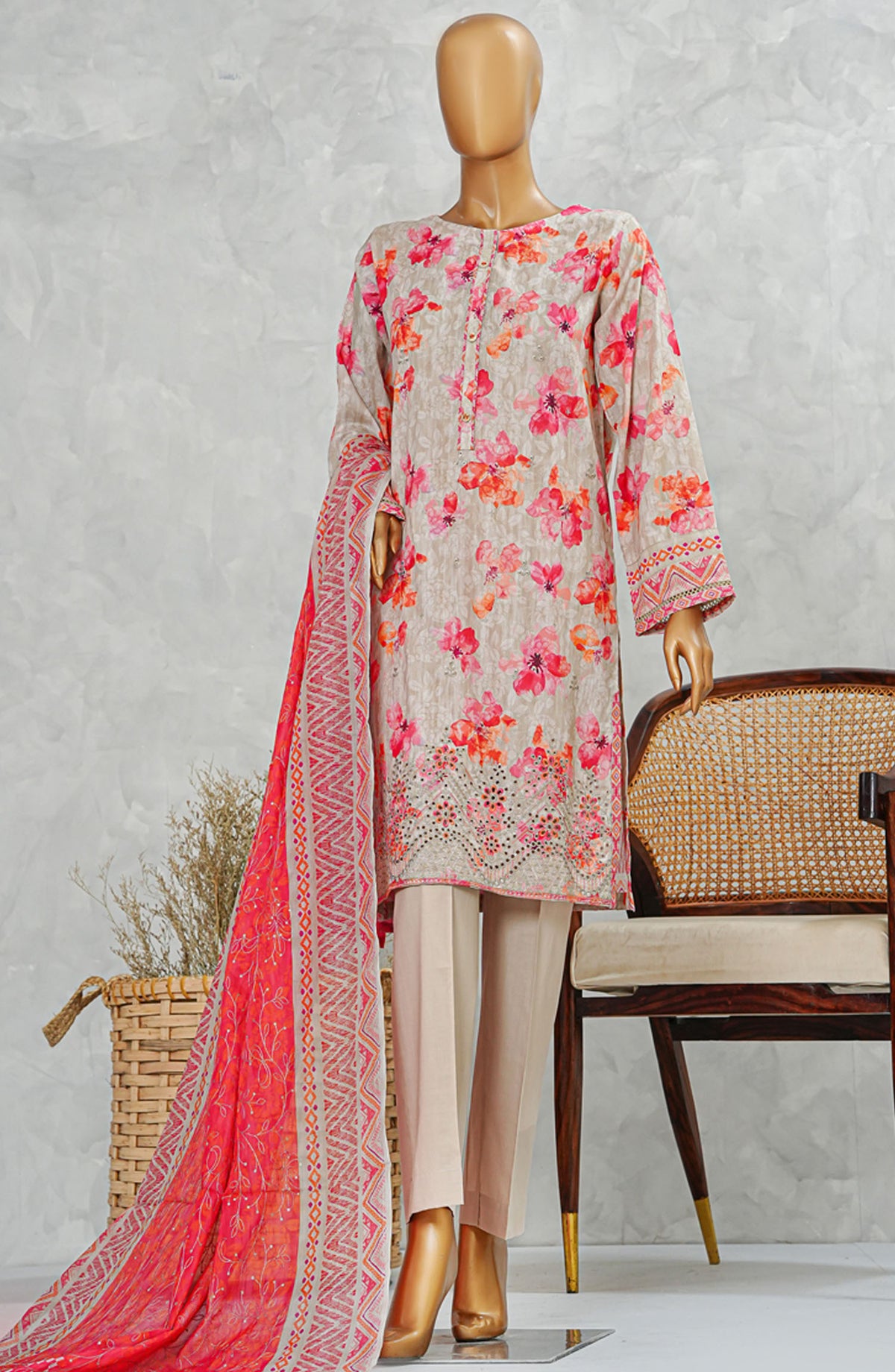 HZ Textile Embroidered Chikankari Stitched 3 Piece Suit - Beige Floral LPE-3P-509 - HZ25PPCEV5 - Summer Collection