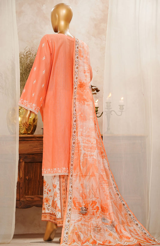 HZ Textile Chikankari Slub Stitched 3 Piece Suit - SSPE-3P-004 Coral - HZ25CHKSS - Summer Collection