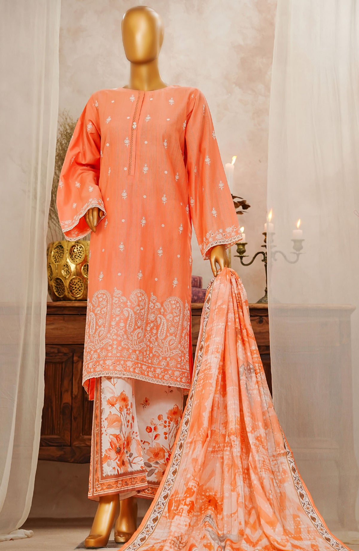 HZ Textile Chikankari Slub Stitched 3 Piece Suit - SSPE-3P-004 Coral - HZ25CHKSS - Summer Collection