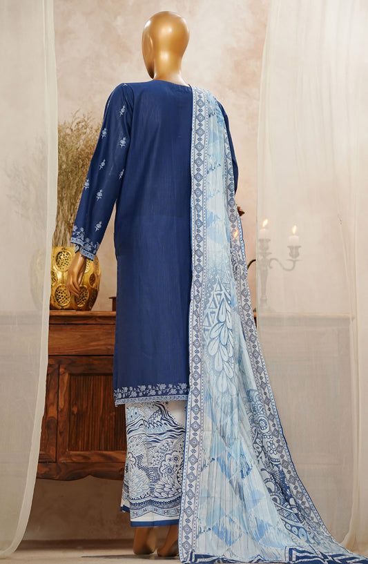 HZ Textile Chikankari Slub Stitched 3 Piece Suit - SSPE-3P-003 Navy - HZ25CHKSS - Summer Collection