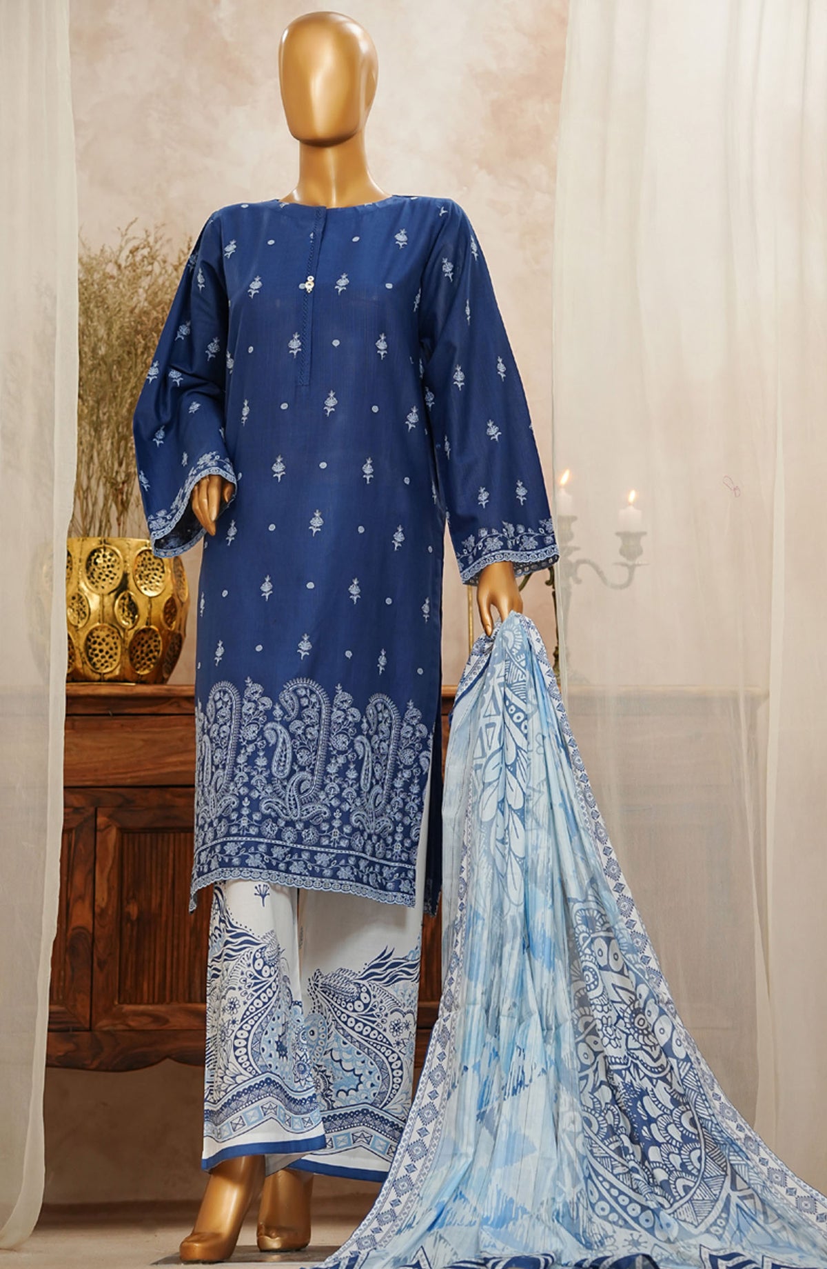 HZ Textile Chikankari Slub Stitched 3 Piece Suit - SSPE-3P-003 Navy - HZ25CHKSS - Summer Collection