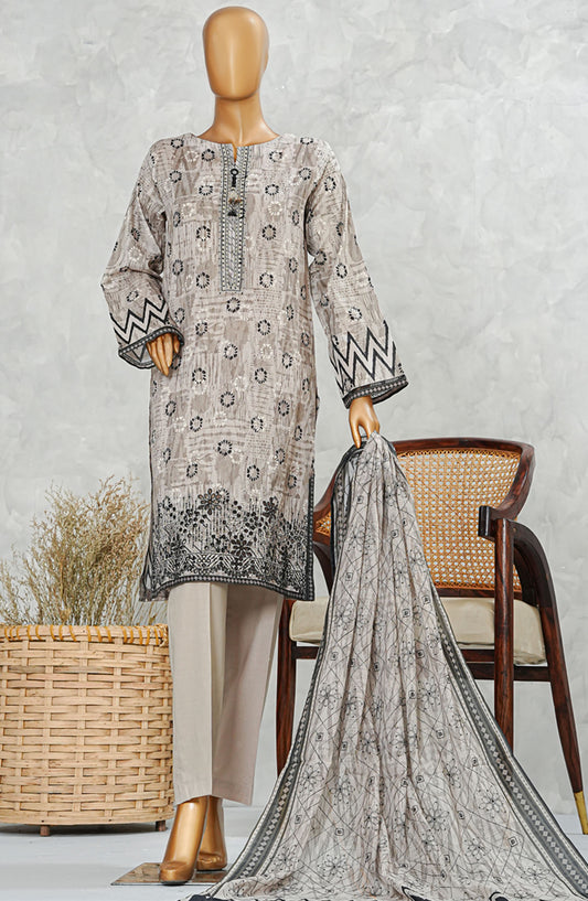 HZ Textile Embroidered Chikankari Stitched 3 Piece Suit - Dusty Beige LPE-3P-507 - HZ25PPCEV5 - Summer Collection