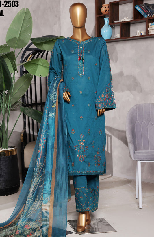 Muse by HZ Textile Embroidered Cotton Stitched 3 Piece Suit - SSJ-2503 Teal - HZ25MCSSJV2 - Summer Collection
