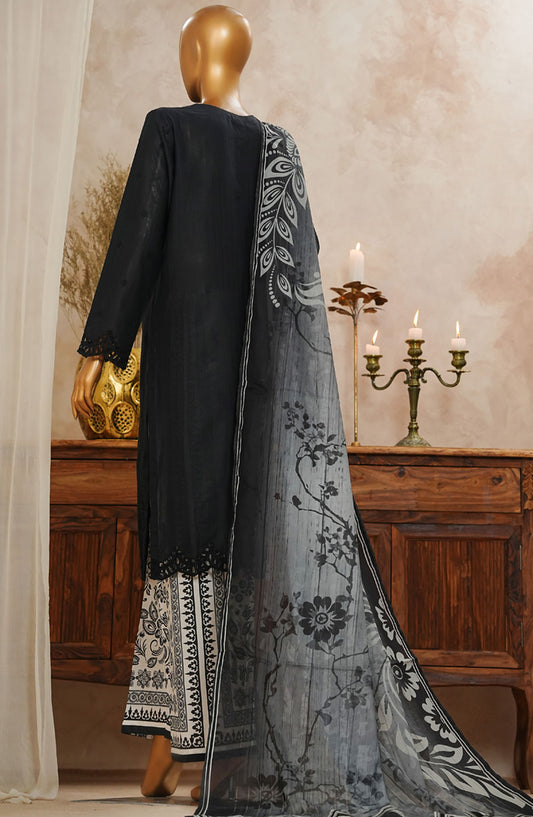 HZ Textile Chikankari Slub Stitched 3 Piece Suit - SSPE-3P-001 Black - HZ25CHKSS - Summer Collection