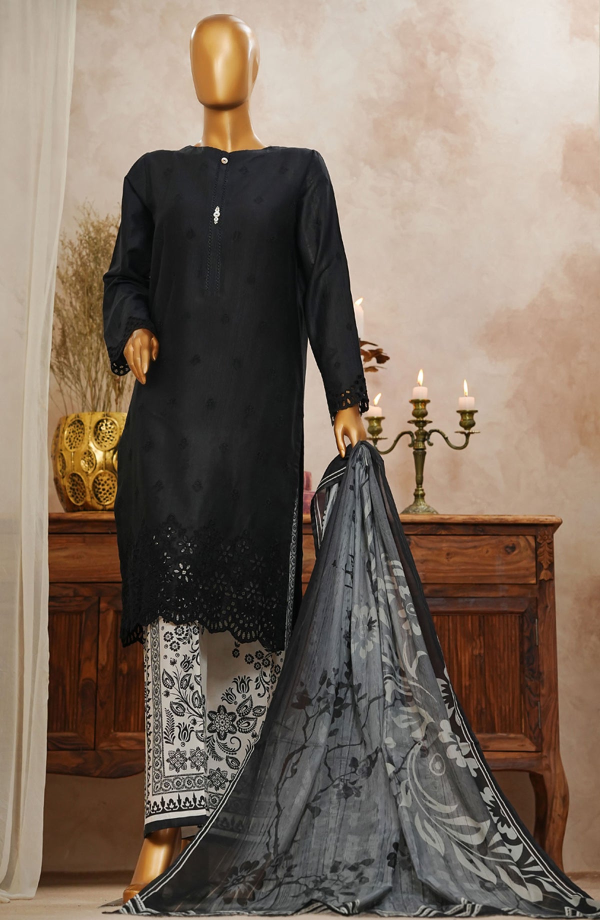HZ Textile Chikankari Slub Stitched 3 Piece Suit - SSPE-3P-001 Black - HZ25CHKSS - Summer Collection