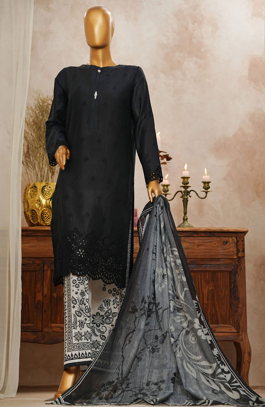 HZ Textile Chikankari Slub Stitched 3 Piece Suit - SSPE-3P-001 Black - HZ25CHKSS - Summer Collection