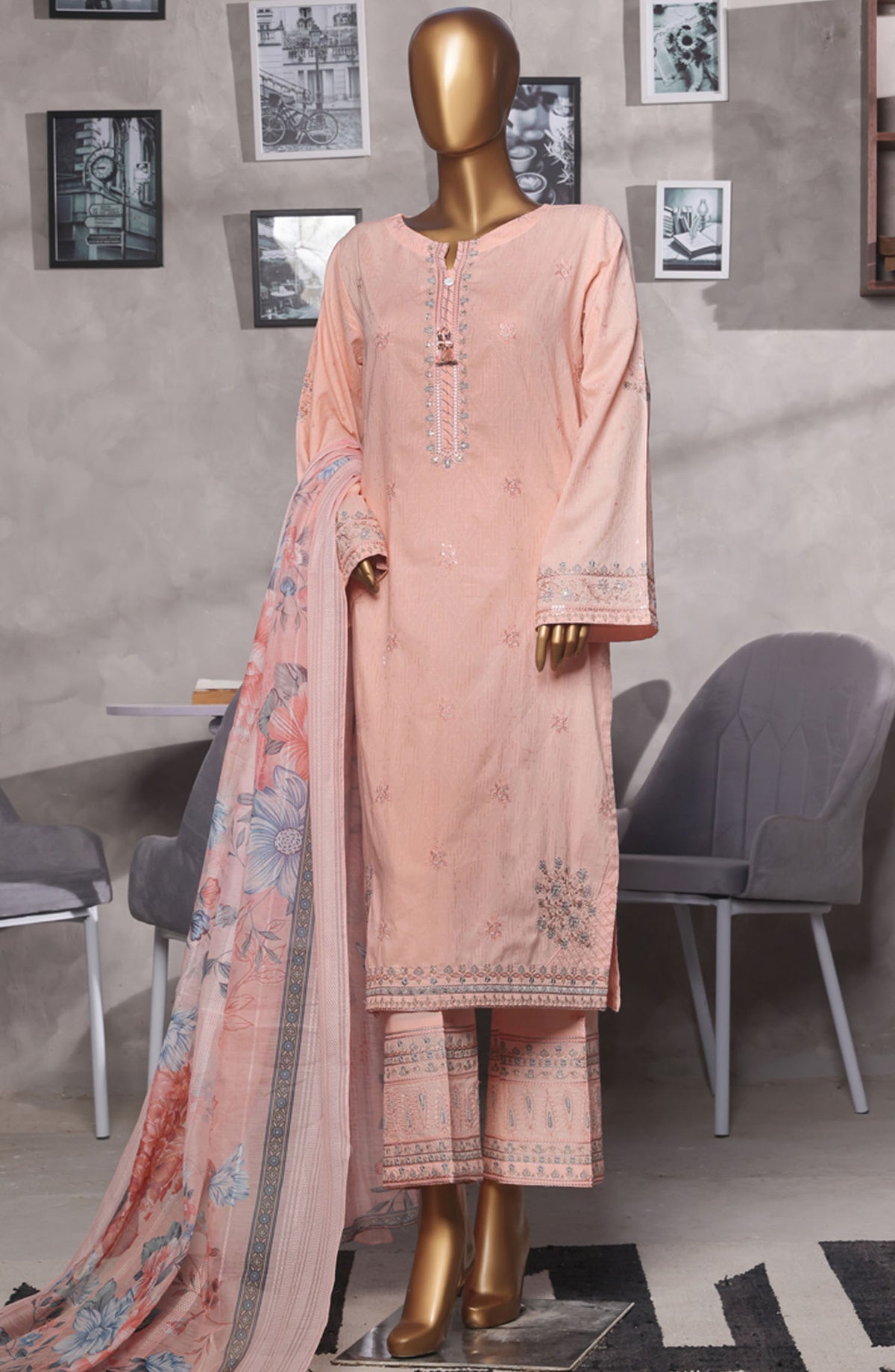 Muse by HZ Textile Embroidered Cotton Stitched 3 Piece Suit - SSJ-2502 Peach - HZ25MCSSJV2 - Summer Collection