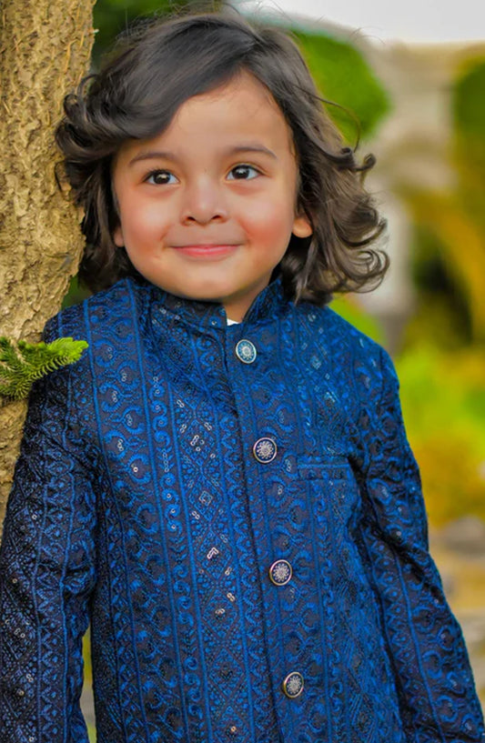 Hassan Jee Exclusive Embroidered Raw Silk Kids Royal Blue Prince Coat P24 - HSN25PRO - Royal Blue - Boys Formal Collection