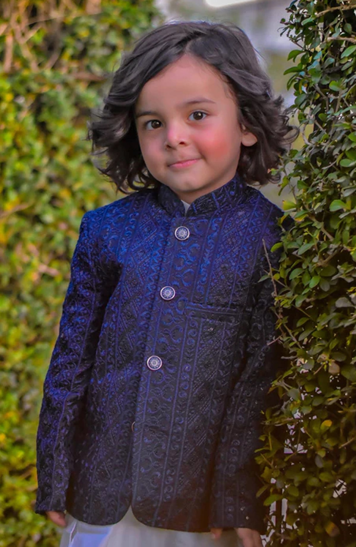 Hassan Jee Exclusive Embroidered Raw Silk Kids Royal Blue Prince Coat P24 - HSN25PRO - Royal Blue - Boys Formal Collection