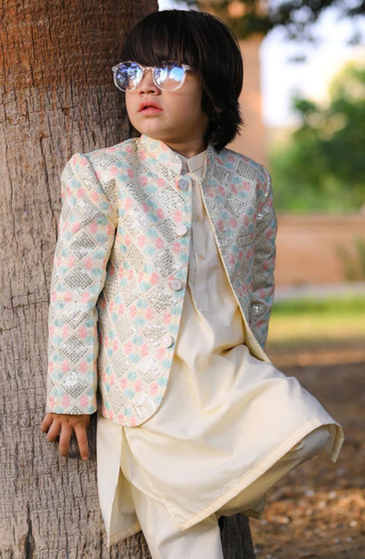 Hassan Jee Exclusive Embroidered Raw Silk Kids Cream White Prince coat suit - P20 - HSN25PRO - Cream - Boys Formal Collection