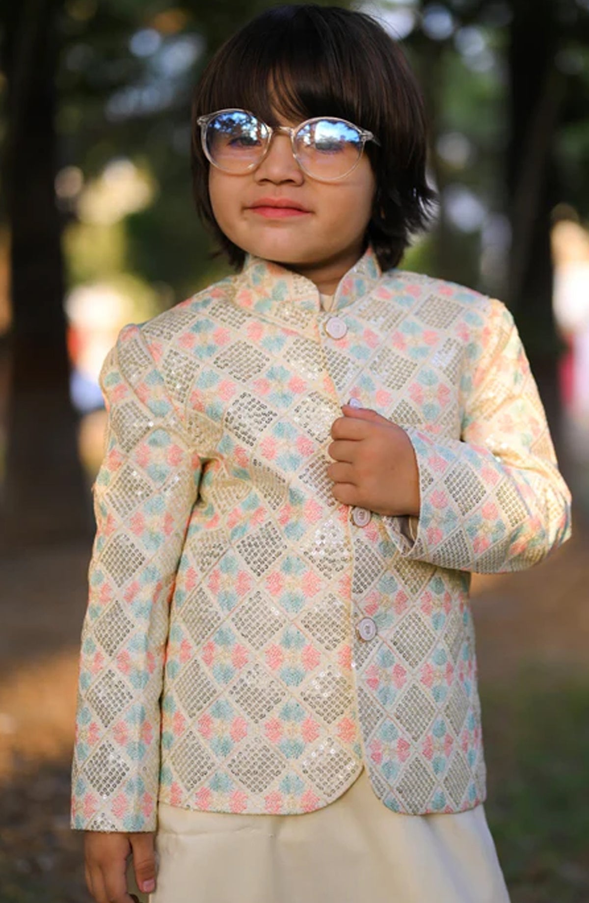 Hassan Jee Exclusive Embroidered Raw Silk Kids Cream White Prince coat suit - P20 - HSN25PRO - Cream - Boys Formal Collection