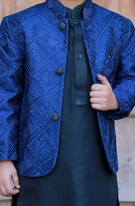 Hassan Jee Exclusive Embroidered Raw Silk Kids Royal blue Prince coat - P8 - HSN25PRO - Blue - Boys Formal Collection