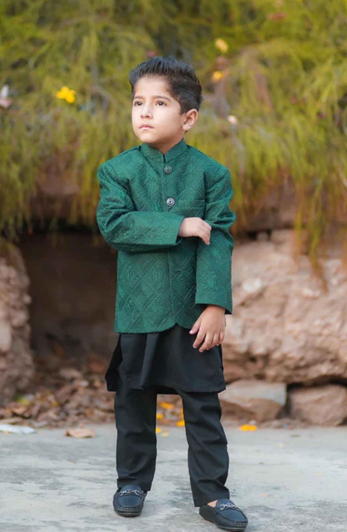 Hassan Jee Exclusive Embroidered Raw Silk Kids Prince Coat Suits - P-6 - HSN25PCS - Green - Boys Formal Collection