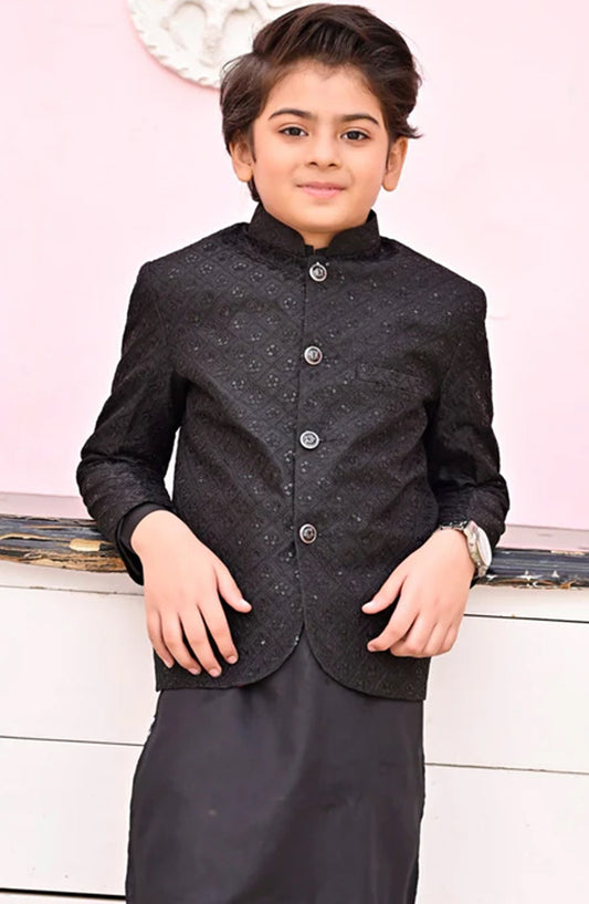 Hassan Jee Exclusive Embroidered Raw Silk Kids Black Prince coat - P1 - HSN25PRO - Black - Boys Formal Collection