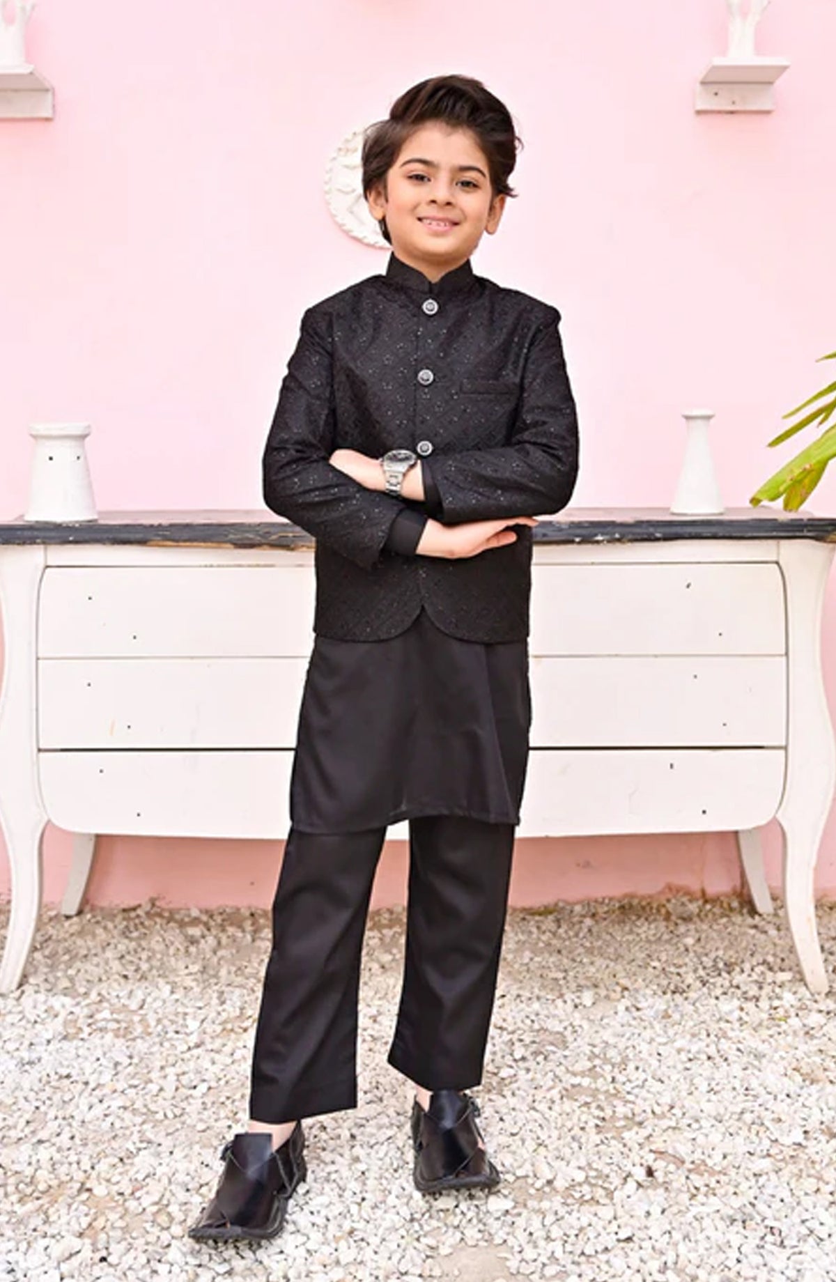 Hassan Jee Exclusive Embroidered Raw Silk Kids Prince Coat Suits - P-1 - HSN25PCS - Black - Boys Formal Collection