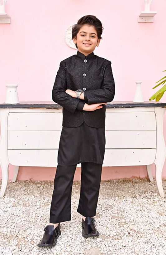 Hassan Jee Exclusive Embroidered Raw Silk Kids Prince Coat Suits - P-1 - HSN25PCS - Black - Boys Formal Collection