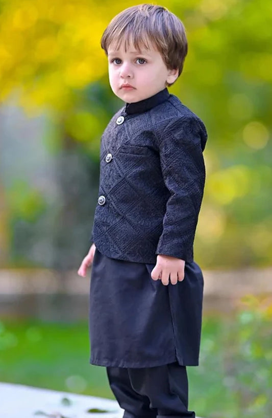 Hassan Jee Exclusive Embroidered Raw Silk Kids Black Prince Coat - P 10 - HSN25PRO - Black - Boys Formal Collection