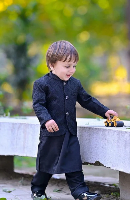 Hassan Jee Exclusive Embroidered Raw Silk Kids Black Prince Coat - P 10 - HSN25PRO - Black - Boys Formal Collection