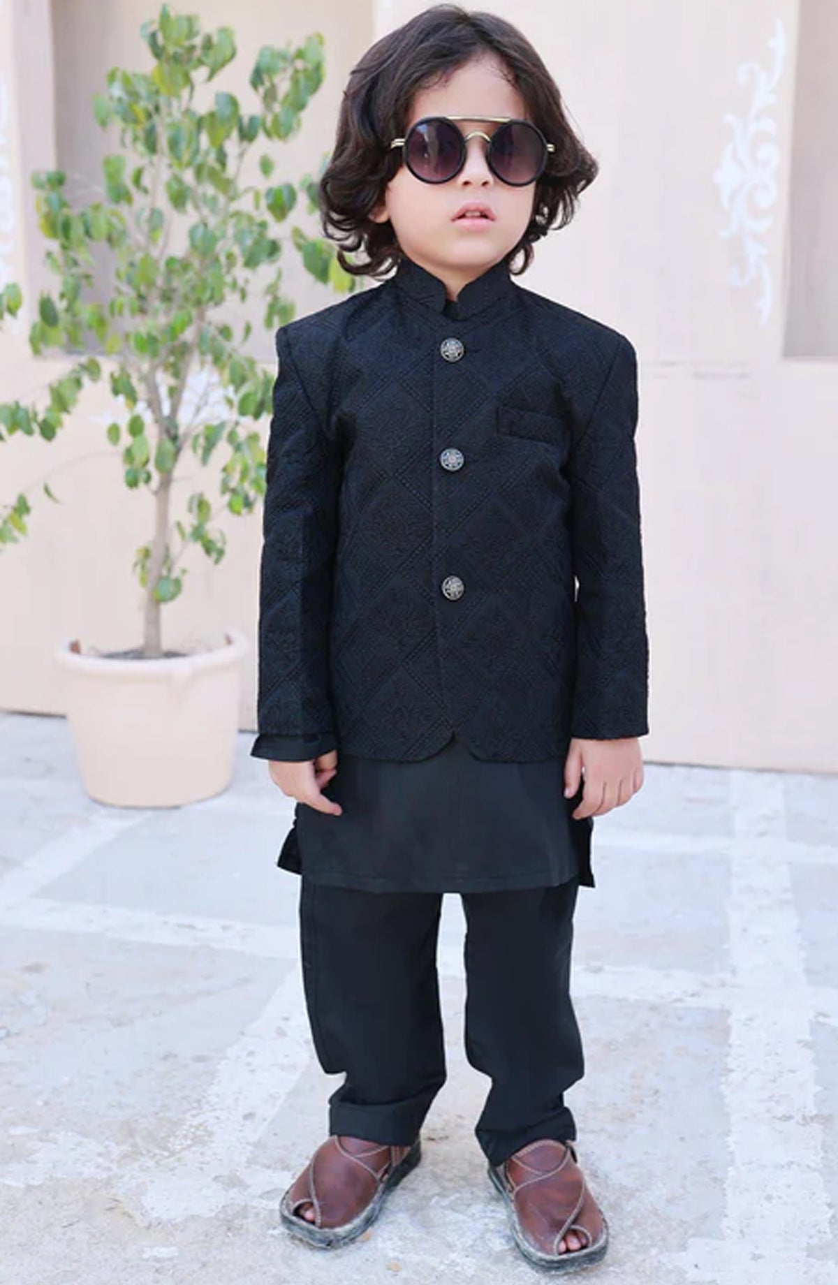 Hassan Jee Exclusive Embroidered Raw Silk Kids Prince Coat Suits - P-10 - HSN25PCS - Black - Boys Formal Collection