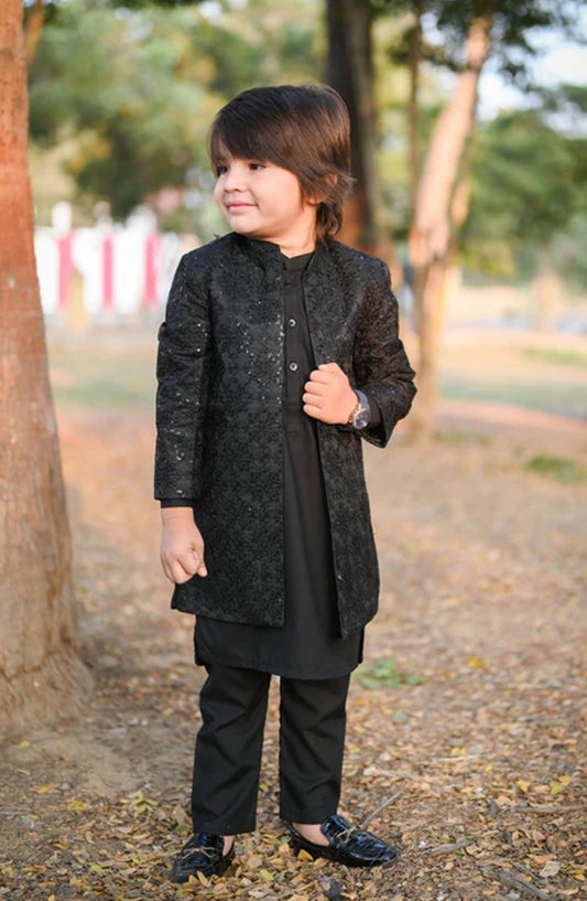 Hassan Jee Exclusive Black Sequence Open Long Embroidered Jamawar Sherwani -S18 - HSN25SHR - Boys Festive Collection