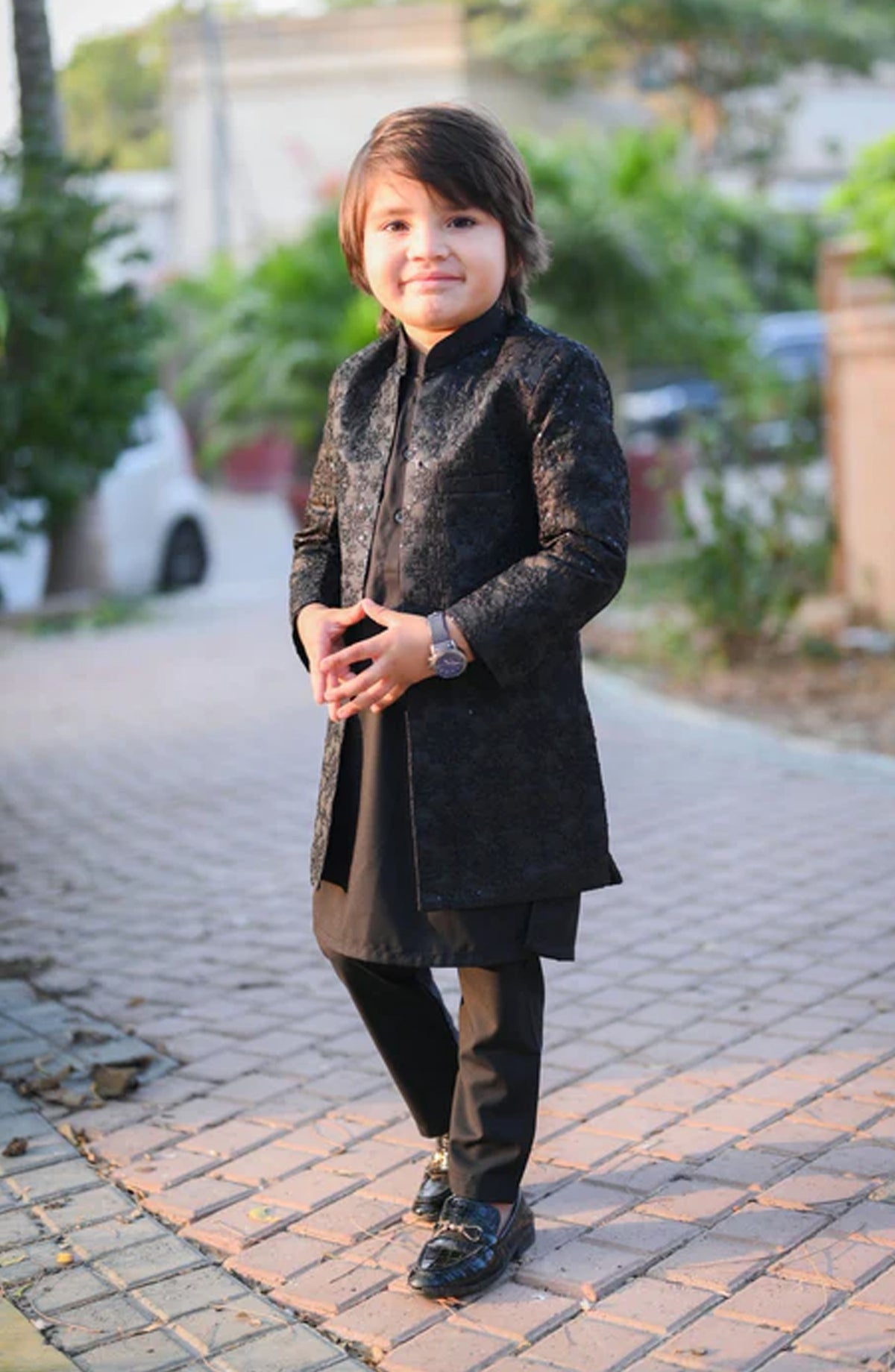 Hassan Jee Exclusive Black Sequence Open Long Embroidered Jamawar Sherwani -S18 - HSN25SHR - Boys Festive Collection
