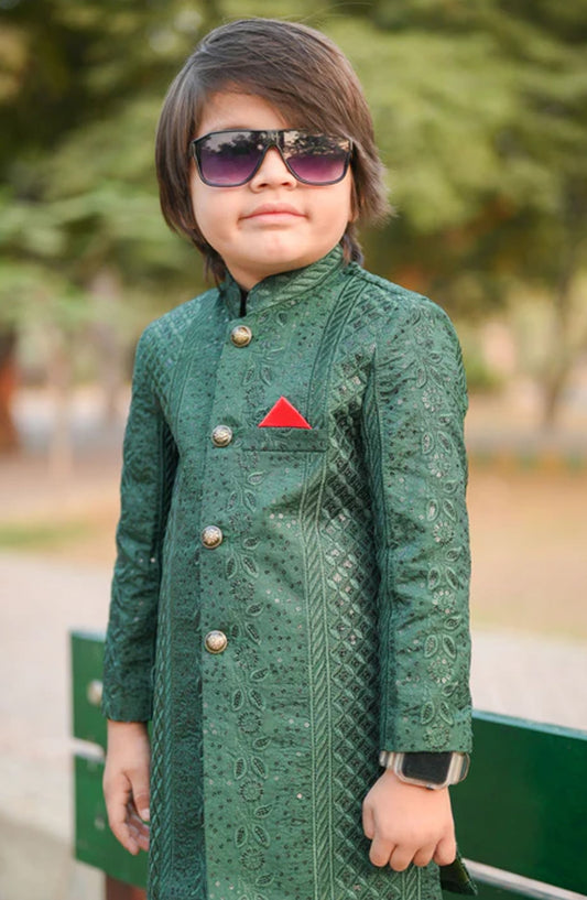 Hassan Jee Exclusive Green Embroidered Jamawar shervani - S14 - HSN25SHR - Boys Festive Collection