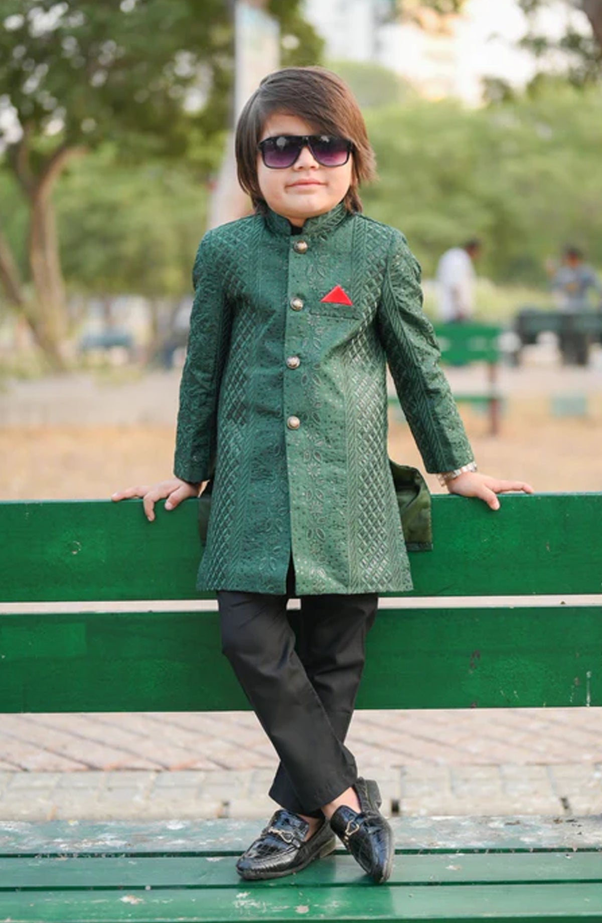 Hassan Jee Exclusive Green Embroidered Jamawar shervani - S14 - HSN25SHR - Boys Festive Collection