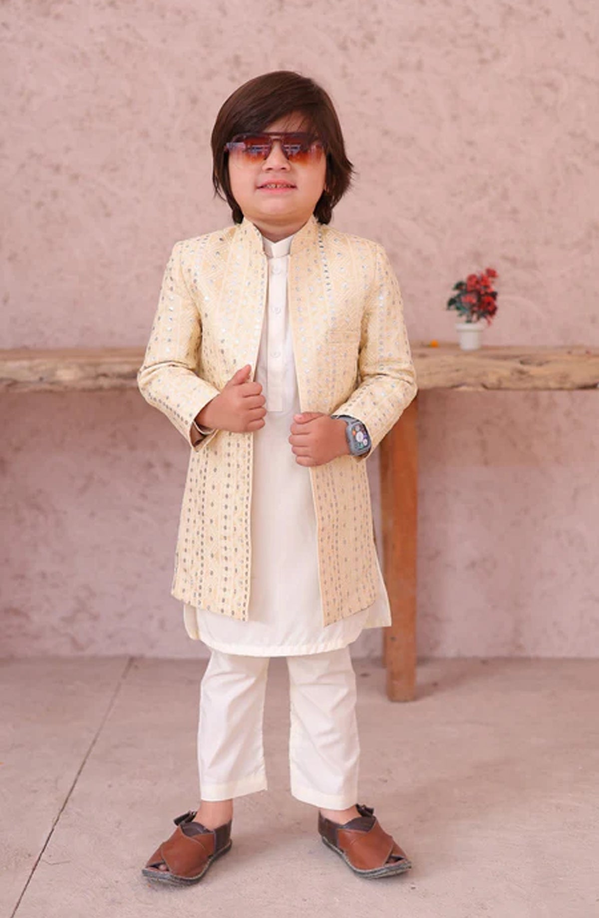 Hassan Jee Exclusive Cream Open Embroidered Jamawar shervani - S22 - HSN25SHR - Boys Festive Collection