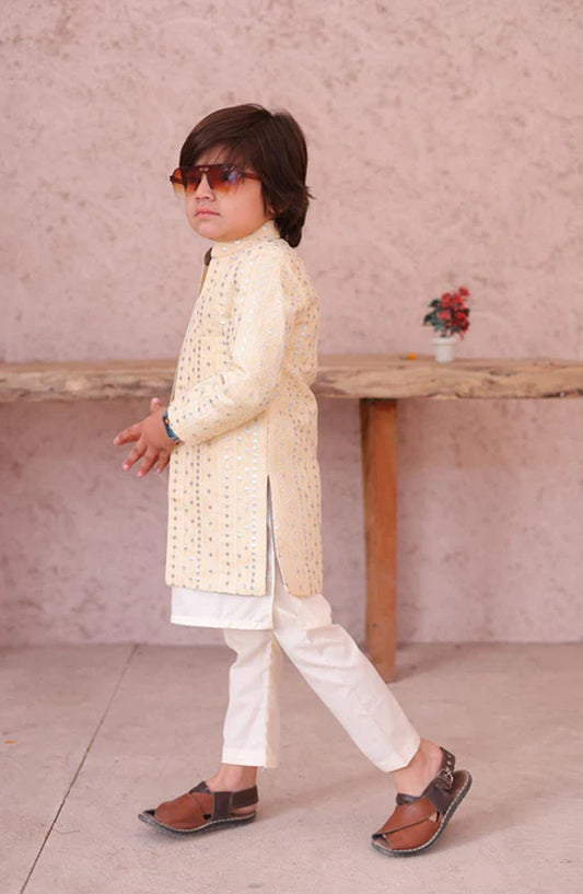 Hassan Jee Exclusive Cream Open Embroidered Jamawar shervani - S22 - HSN25SHR - Boys Festive Collection
