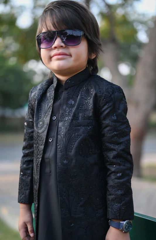 Hassan Jee Exclusive Black Open Long Embroidered Jamawar Sherwani -S13 - HSN25SHR - Boys Festive Collection