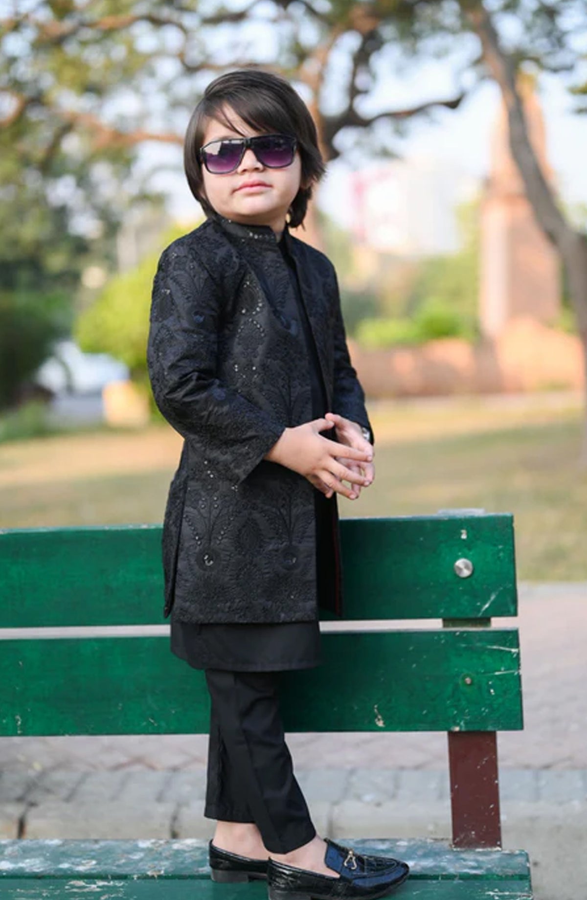 Hassan Jee Exclusive Black Open Long Embroidered Jamawar Sherwani -S13 - HSN25SHR - Boys Festive Collection