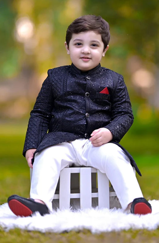 Hassan Jee Exclusive Black Embroidered Jamawar shervani - S4 - HSN25SHR - Boys Festive Collection