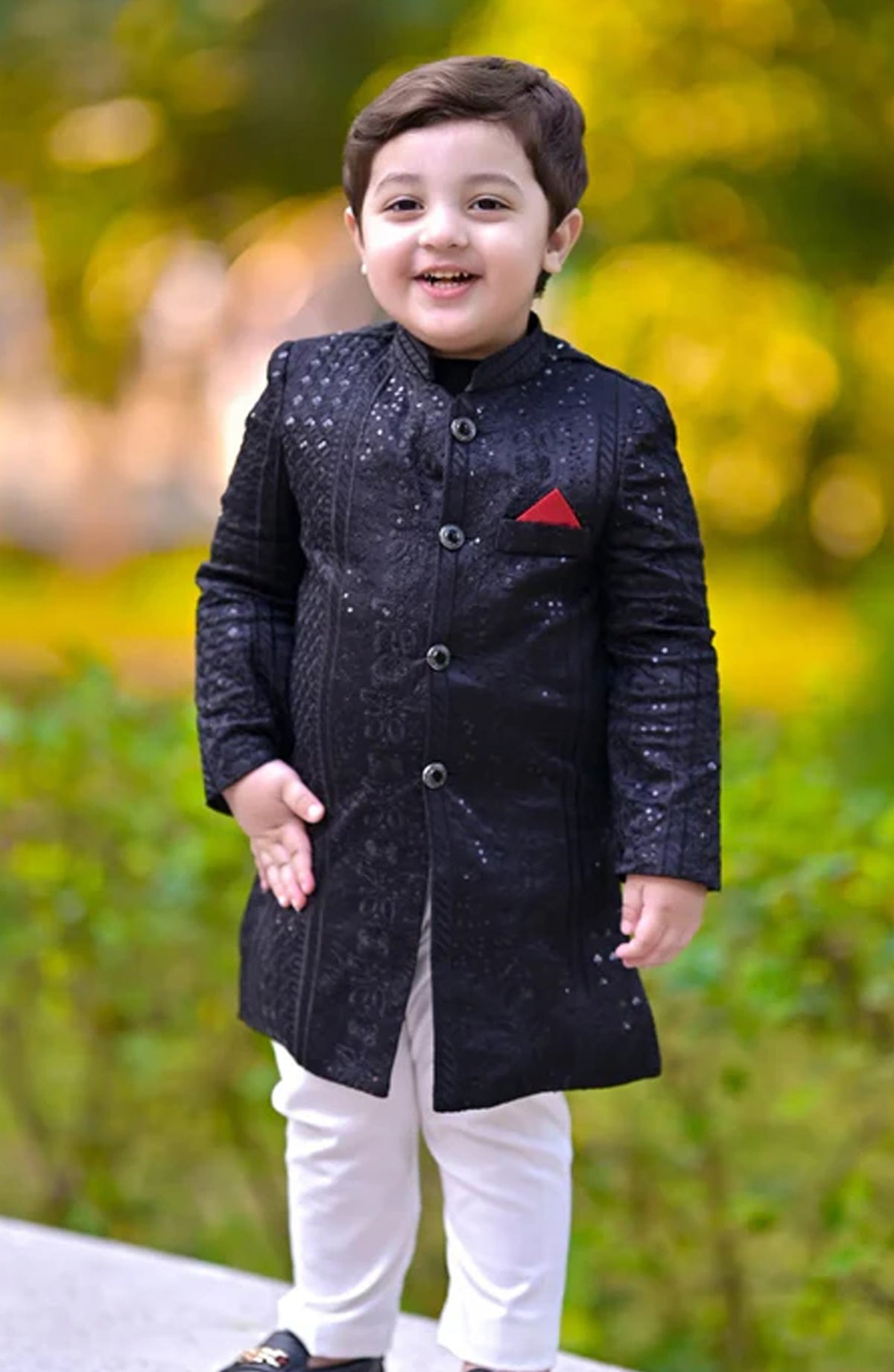 Hassan Jee Exclusive Black Embroidered Jamawar shervani - S4 - HSN25SHR - Boys Festive Collection