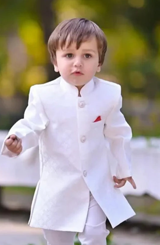 Hassan Jee Exclusive Off white Plain Jamawar Shervani - S6 - HSN25SHR - Boys Festive Collection