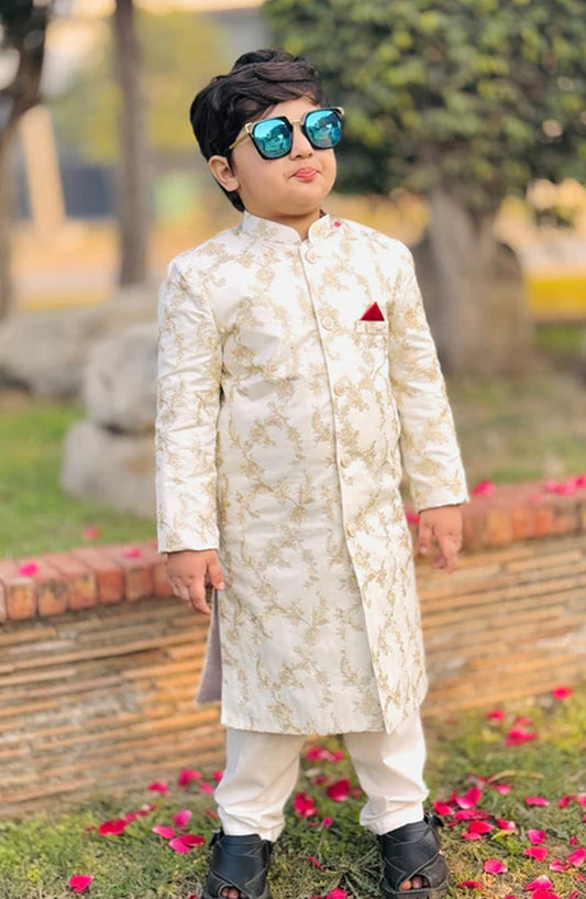 Hassan Jee Exclusive Golden Mysore Sequence Embroidered Jamawar Sherwani - S10 - HSN25SHR - Boys Festive Collection
