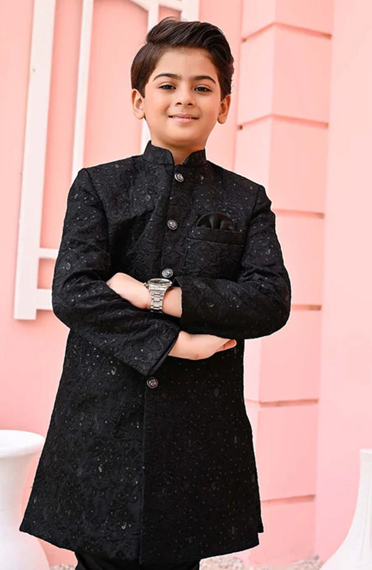 Hassan Jee Exclusive Black Mysore Sequence Embroidered Jamawar Sherwani - S11 - HSN25SHR - Boys Festive Collection