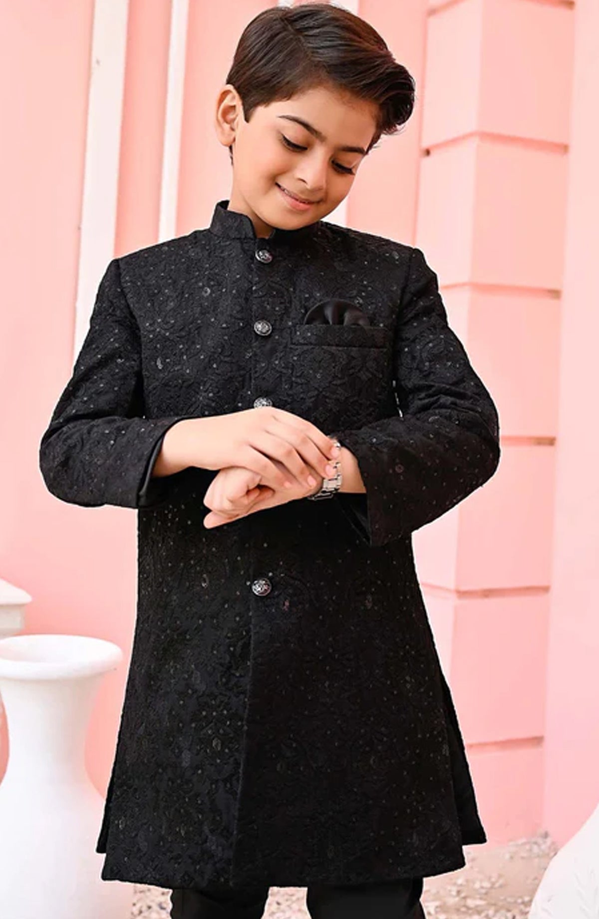 Hassan Jee Exclusive Black Mysore Sequence Embroidered Jamawar Sherwani - S11 - HSN25SHR - Boys Festive Collection