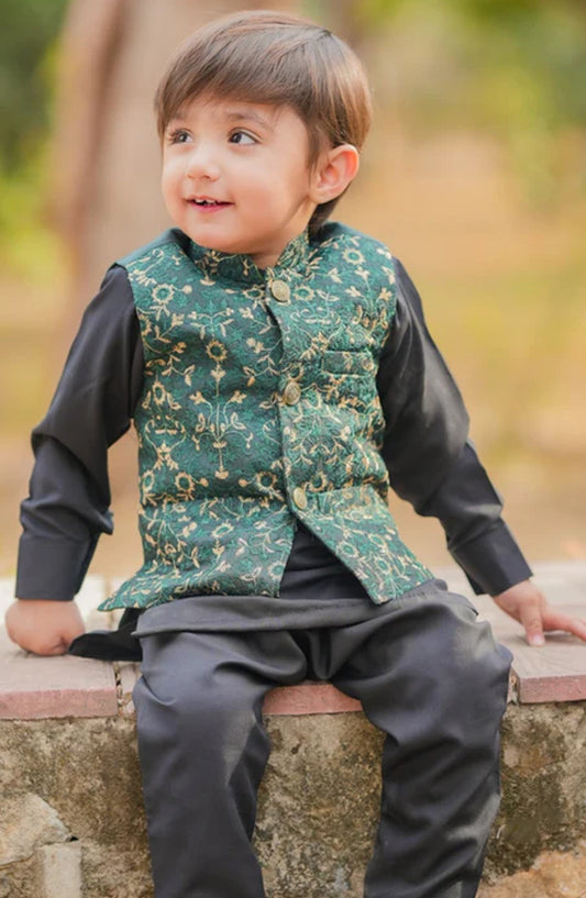 Leaf Green Embroidered Waistcoat Suit - V25 - HSN25SUW - Boys Formal Collection