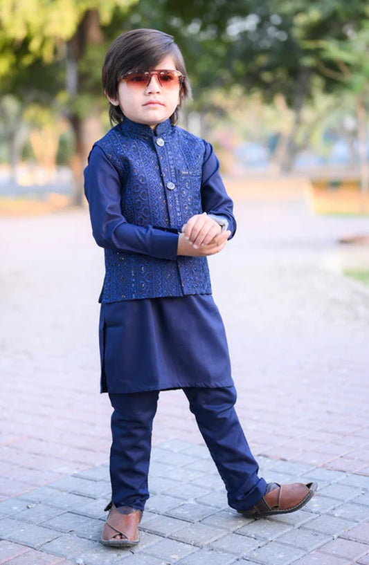 Blue Embroidered Waistcoat Suit EW33 - HSN25SUW - Boys Formal Collection