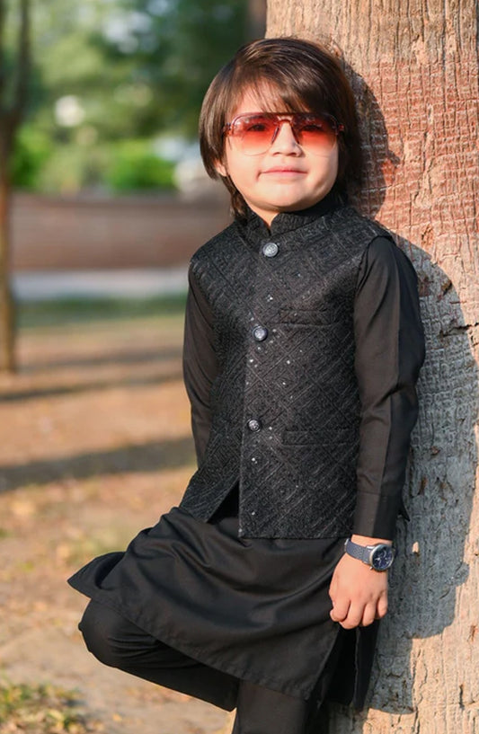 Black Sequence Embroidered Waistcoat Suit EW27 - HSN25SUW - Boys Formal Collection