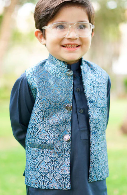Metallic blue Waistcoat Suit EW18 - HSN25SUW - Boys Formal Collection