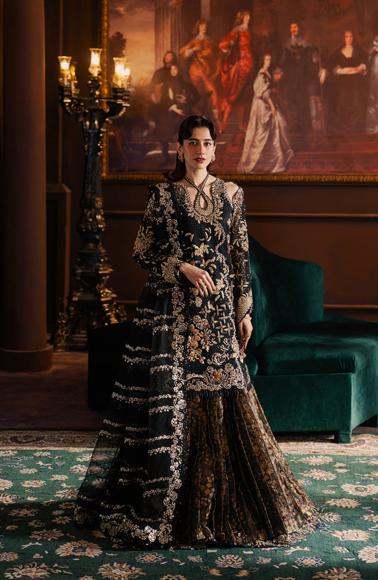 Hayat by Afrozeh Embroidered Organza Unstitched 3 Piece Suit - AFH-25-07 SARAVE - AF25HYT - Black - Wedding Formals Collection