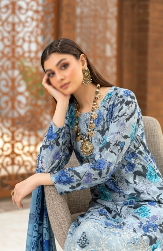 Hazel by Al Karim Embroidered Lawn Unstitched 3 Piece Suit - D-07 - AK26HZL - Blue - Summer Collection