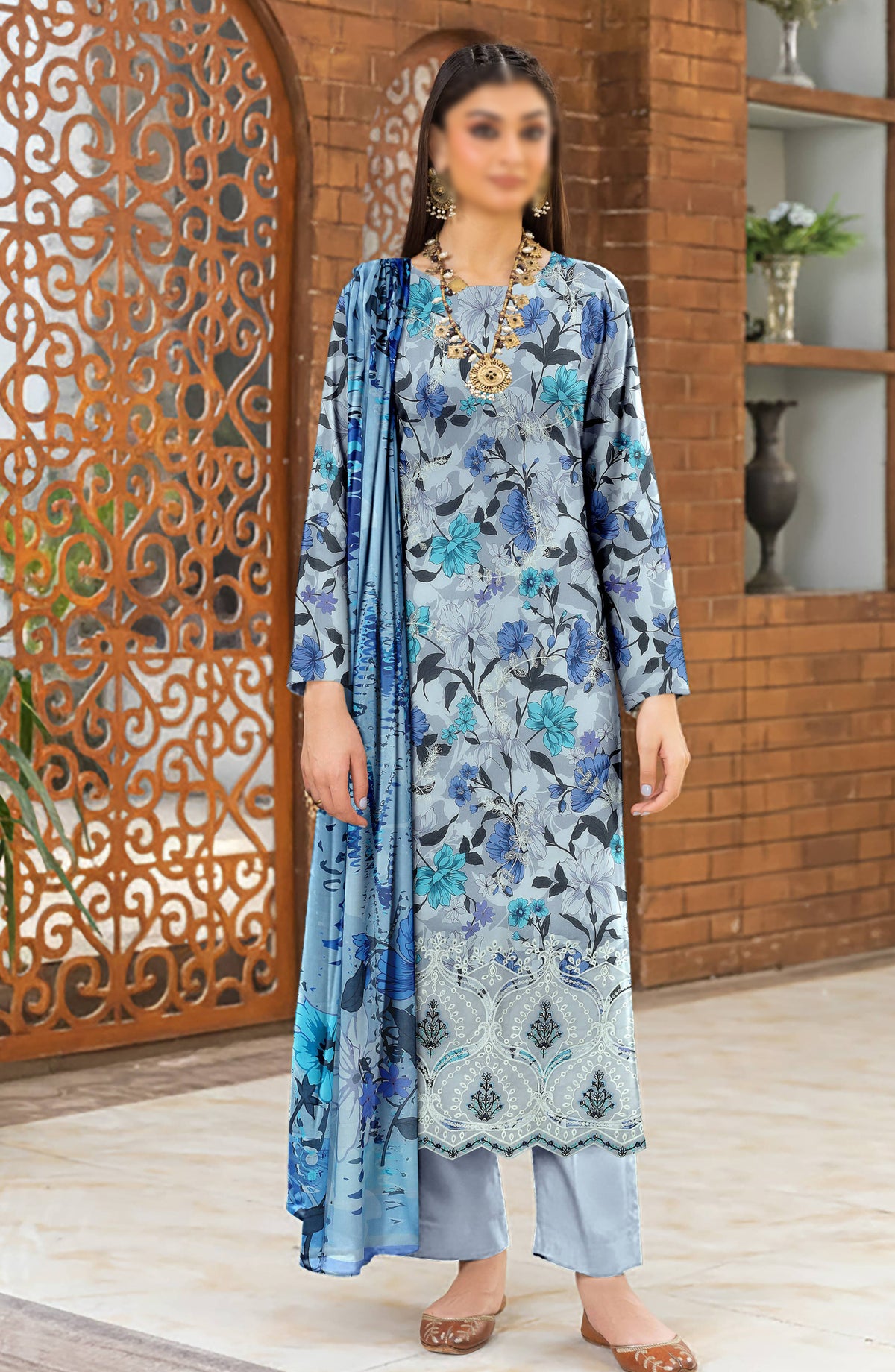 Hazel by Al Karim Embroidered Lawn Unstitched 3 Piece Suit - D-07 - AK26HZL - Blue - Summer Collection
