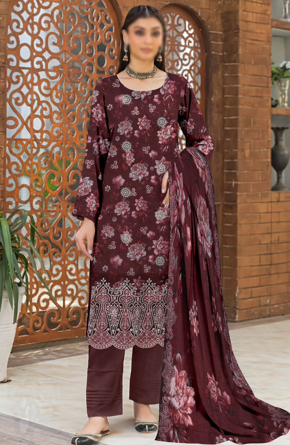 Hazel by Al Karim Embroidered Lawn Unstitched 3 Piece Suit - D-05 - AK26HZL - Maroon - Summer Collection