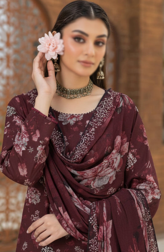 Hazel by Al Karim Embroidered Lawn Unstitched 3 Piece Suit - D-05 - AK26HZL - Maroon - Summer Collection