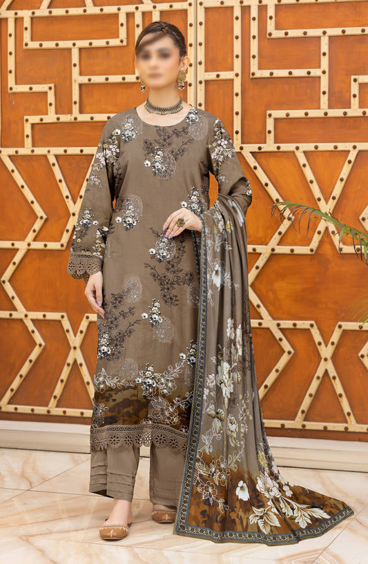Heer by Al Karim Embroidered Lawn Unstitched 3 Piece Suit - D-07 - AK26HER - Brown - Summer Collection