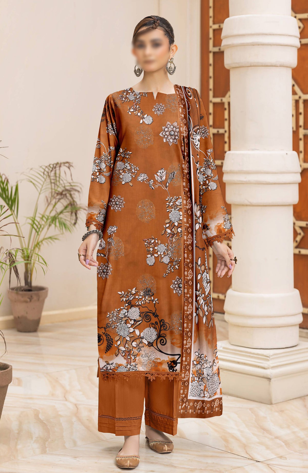 Heer by Al Karim Embroidered Lawn Unstitched 3 Piece Suit - D-05 - AK26HER - Rust - Summer Collection
