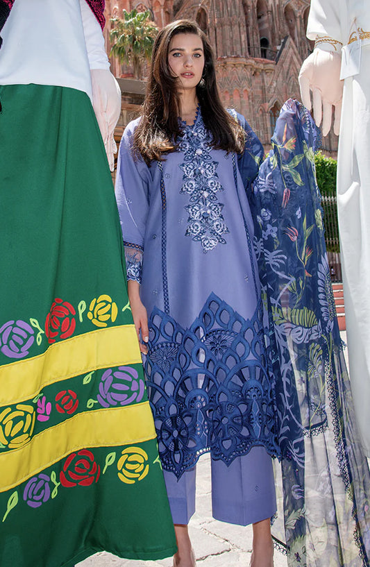 Hemline by Mushq Odyssey Embroidered Lawn Unstitched 3 Piece Suit - Juana - MQ26ODY - Blue - Summer Collection